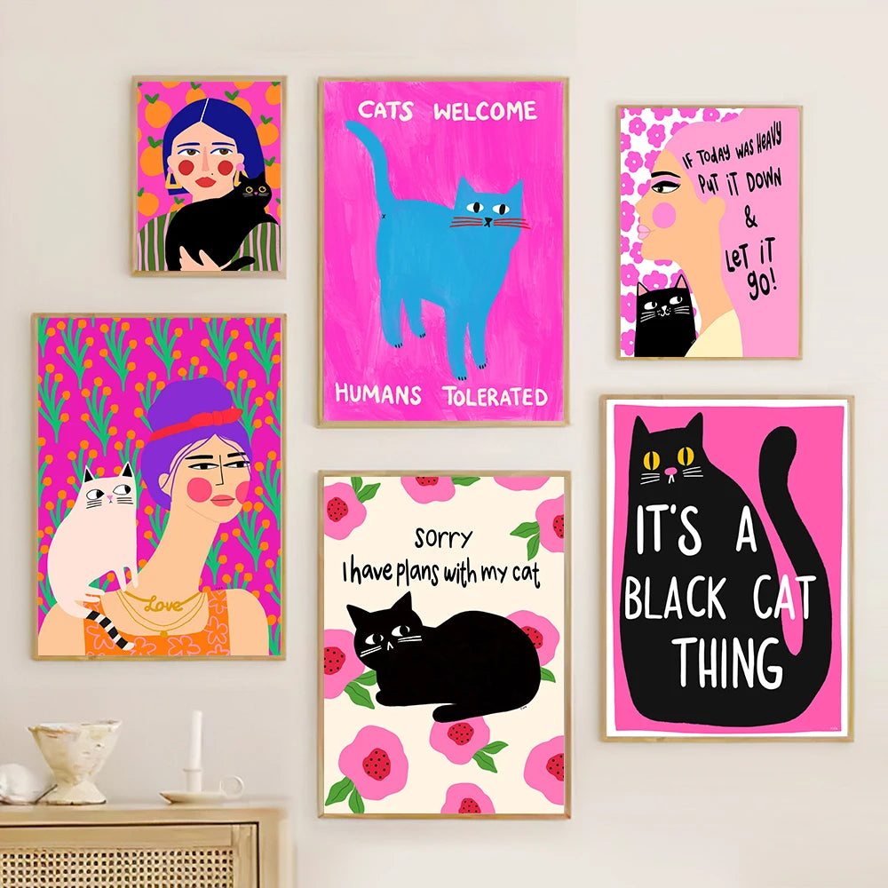 Retro Cat Poster - Funny Pink Canvas Wall Art for Kids & Home