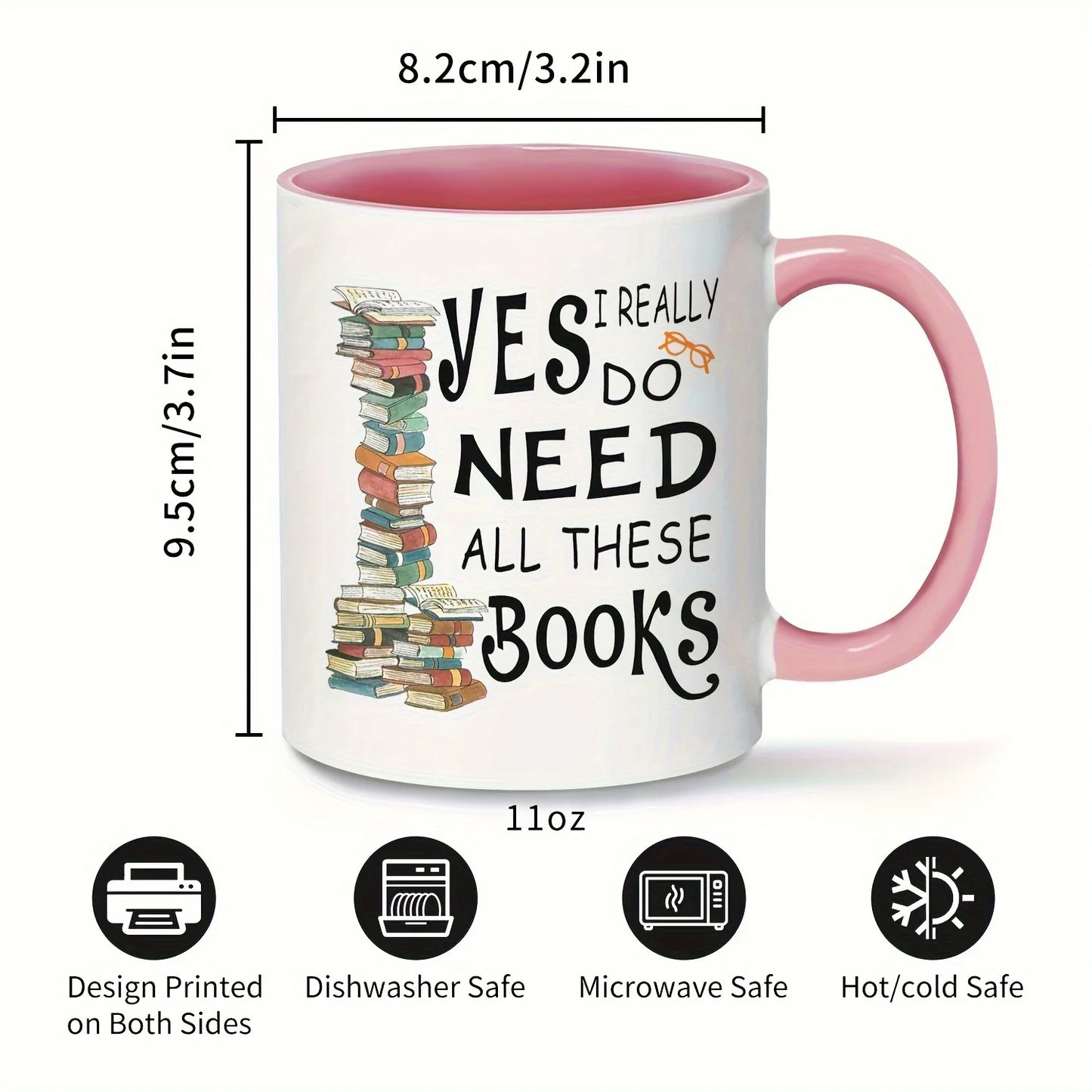 11oz Book Lover Ceramic Coffee Mug Pink Book Stack Design Gift