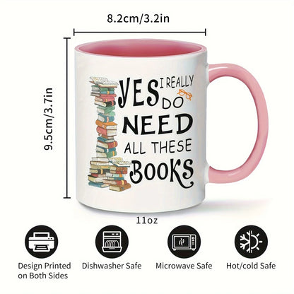 11oz Book Lover Ceramic Coffee Mug Pink Book Stack Design Gift