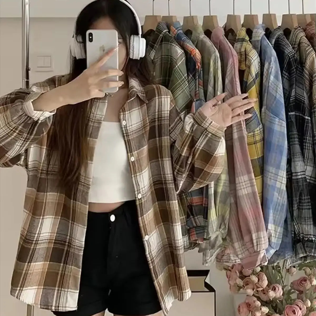 Korean Plaid Blouses for Women Fashion Long Sleeve Check Shirt Ladies Spring New Slim Fit Casual Loose Single-breasted Shirts