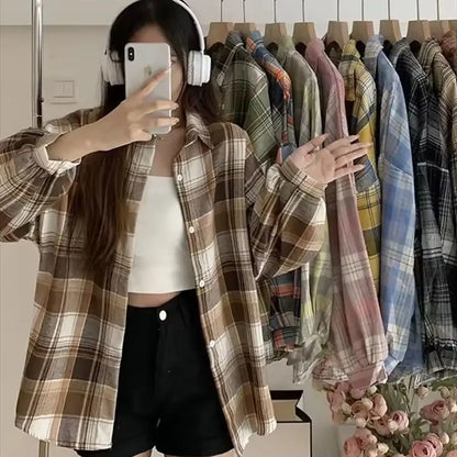 Korean Plaid Blouses for Women Fashion Long Sleeve Check Shirt Ladies Spring New Slim Fit Casual Loose Single-breasted Shirts
