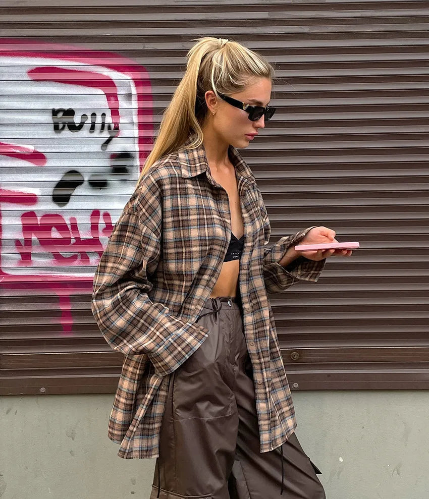 Casual Plaid Shirt Woman Loose Autumn Winter Lapel Buttons Women's Coat Full Sleeve Cozy Vintage Khaki Tops Female Streetwear