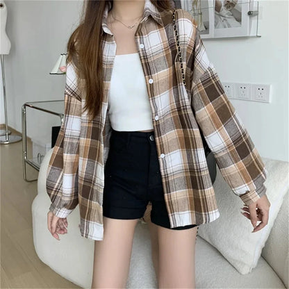 Korean Plaid Blouses for Women Fashion Long Sleeve Check Shirt Ladies Spring New Slim Fit Casual Loose Single-breasted Shirts