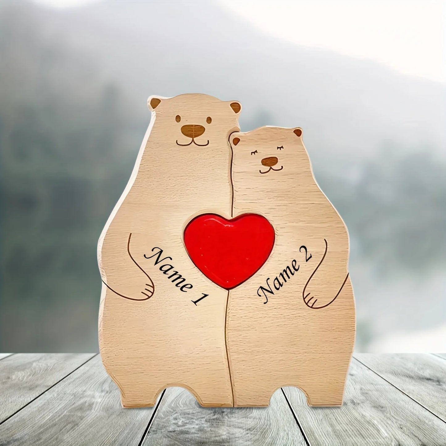 Personalized Wooden Family Bear Puzzle – Custom Rustic Décor Gift