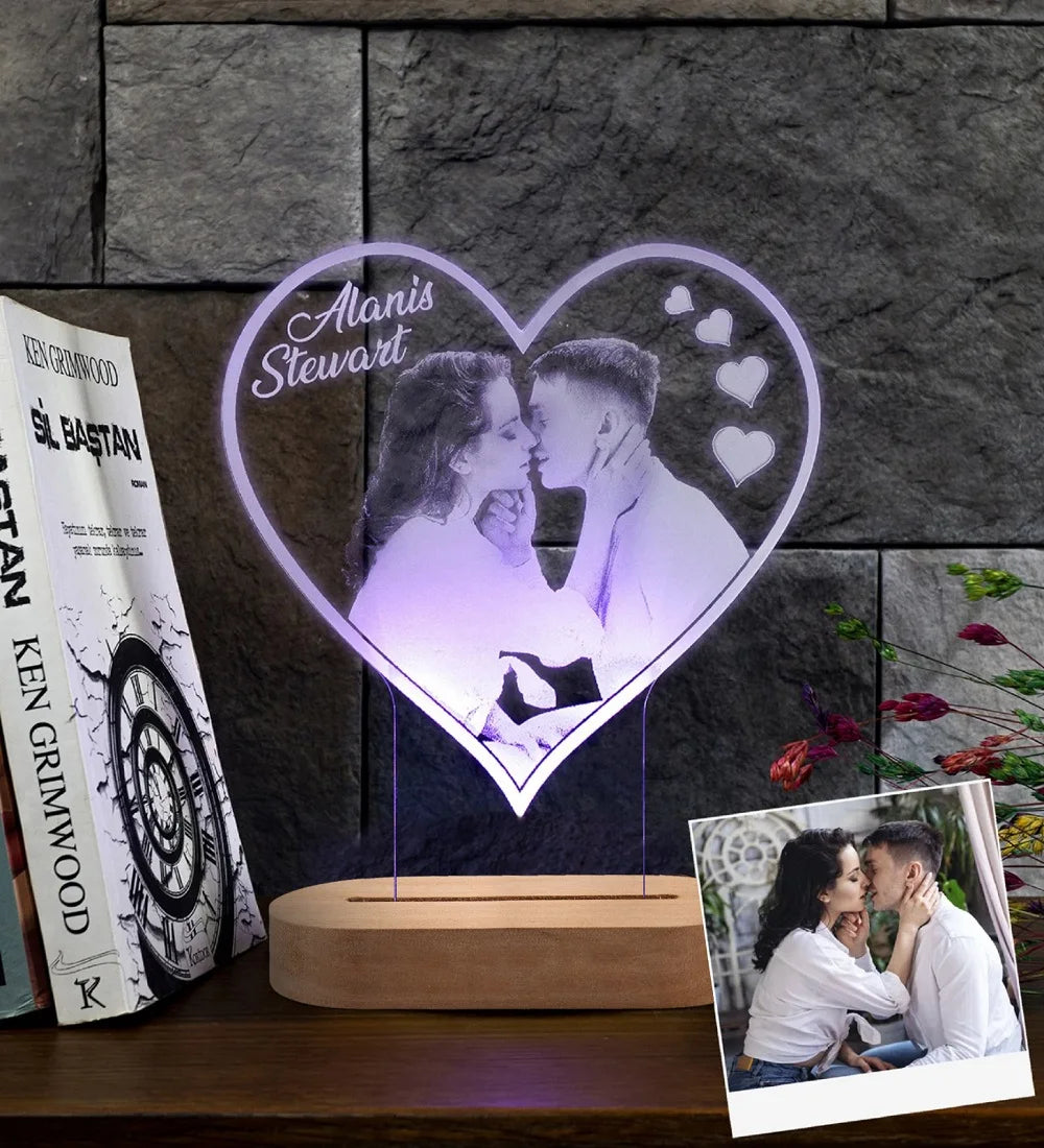 Personalized 3D Heart LED Lamp – Custom Photo Night Light Gift for Couples