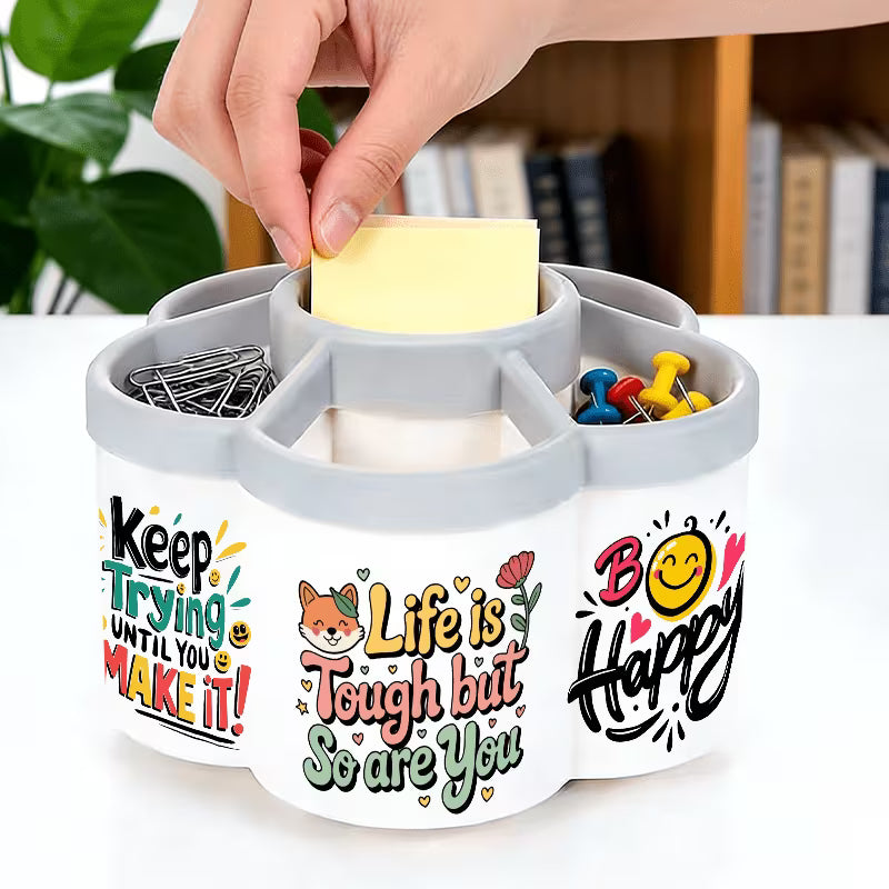 360° Rotating Pen Holder & Makeup Organizer with Inspirational Quote