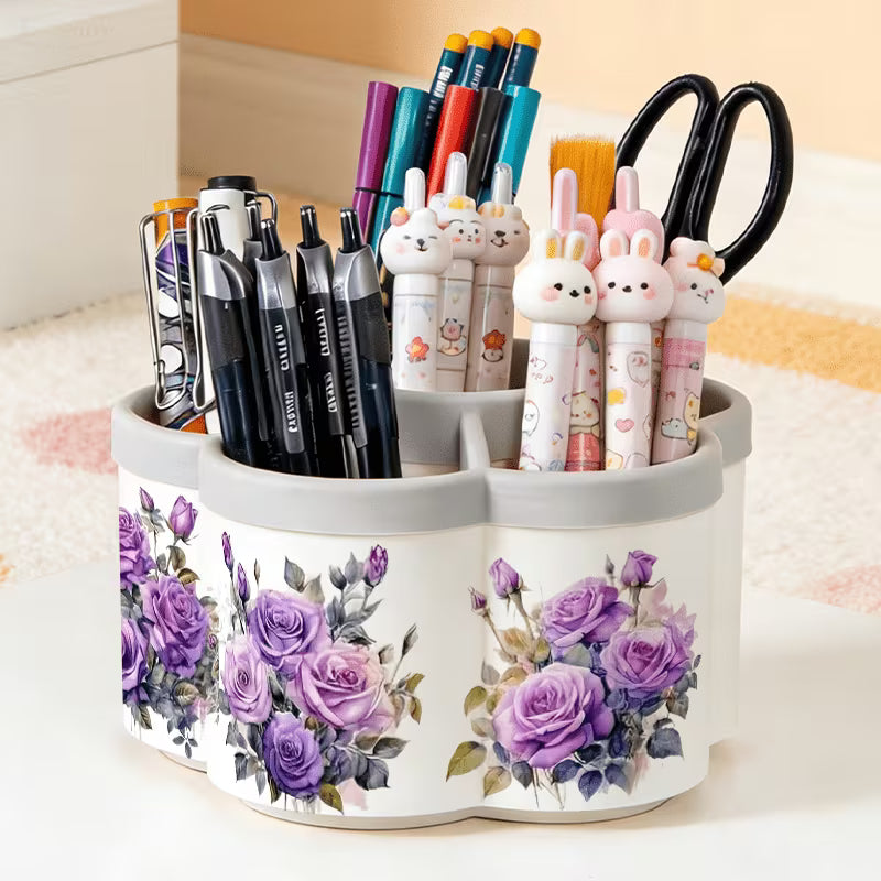 360° Rotating Desk Organizer with Purple Rose Pen Holder & Storage