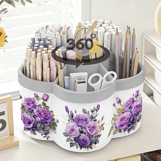 360° Rotating Desk Organizer with Purple Rose Pen Holder & Storage