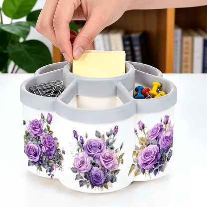 360° Rotating Desk Organizer with Purple Rose Pen Holder & Storage