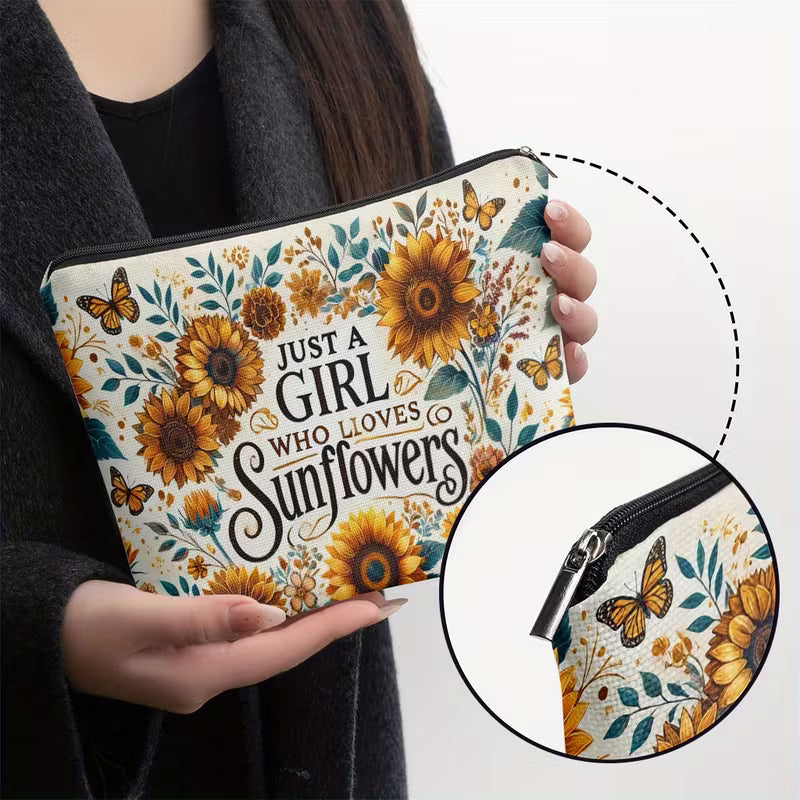 Sunflower Linen Makeup Bag | Travel Cosmetic & Toiletry Pouch