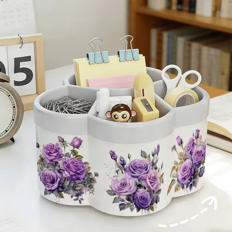 360° Rotating Desk Organizer with Purple Rose Pen Holder & Storage