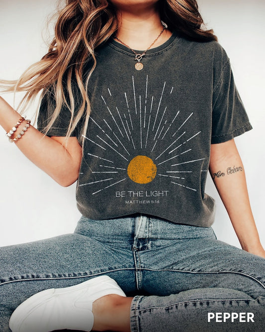 Be The Light Mathew 5 14 Sunburst Vintage Bible Verse Christian Celestial Comfort Colors  Tshirt, Boho Shirt, Sun Shirt, Inspirational Gift