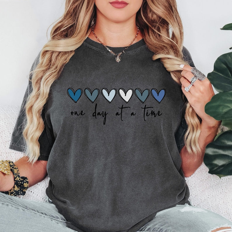 One Day At A Time Shirt, Motivational Hearts Graphic Tee, Positive Mindset Inspirational Shirt, Daily Affirmation Shirt