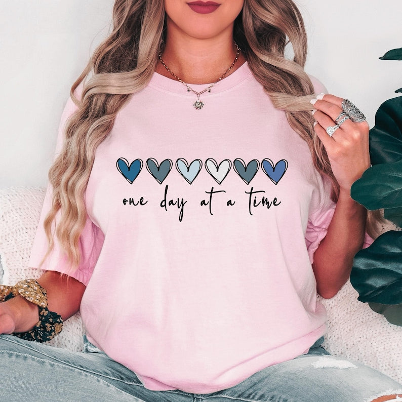 One Day At A Time Shirt, Motivational Hearts Graphic Tee, Positive Mindset Inspirational Shirt, Daily Affirmation Shirt