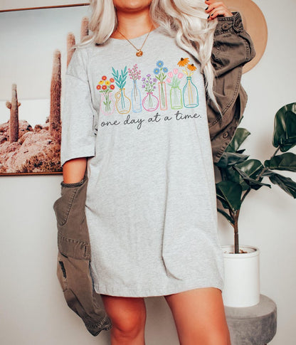 One Day At A Time Shirt, Mental Health Tee, Inspirational Quote T-Shirt, Wildflower Graphic Top, Positive Vibes Crewneck, Cozy Apparel