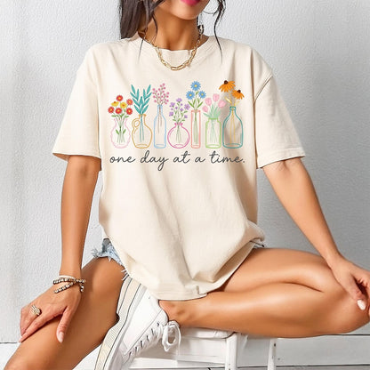 One Day At A Time Shirt, Mental Health Tee, Inspirational Quote T-Shirt, Wildflower Graphic Top, Positive Vibes Crewneck, Cozy Apparel