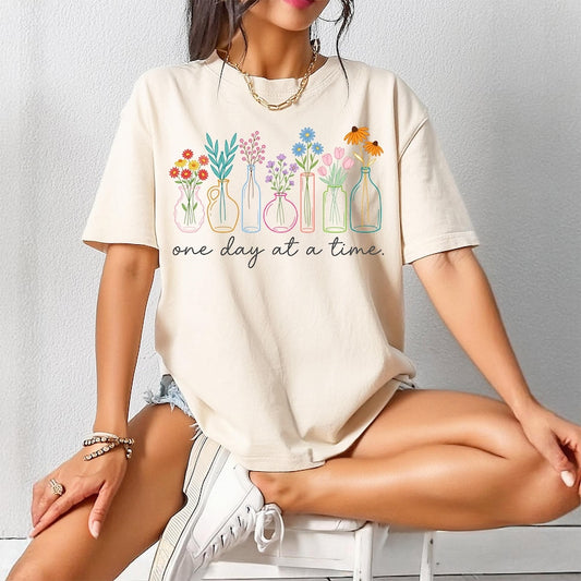 One Day At A Time Shirt, Mental Health Tee, Inspirational Quote T-Shirt, Wildflower Graphic Top, Positive Vibes Crewneck, Cozy Apparel
